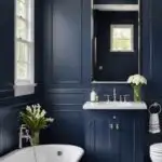 Bathroom with navy blue and nickel accents