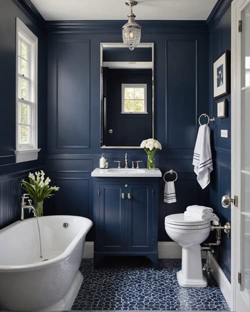 Bathroom with navy blue and nickel accents