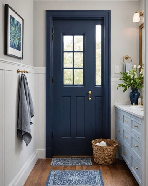 Bathroom with navy blue door and trim