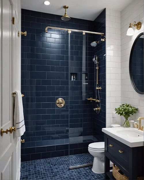 Bathroom with navy blue shower subway tile