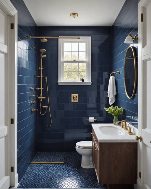 Bathroom with navy blue shower tile