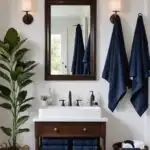 Bathroom with navy blue towels