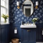 Bathroom with navy blue wallpaper