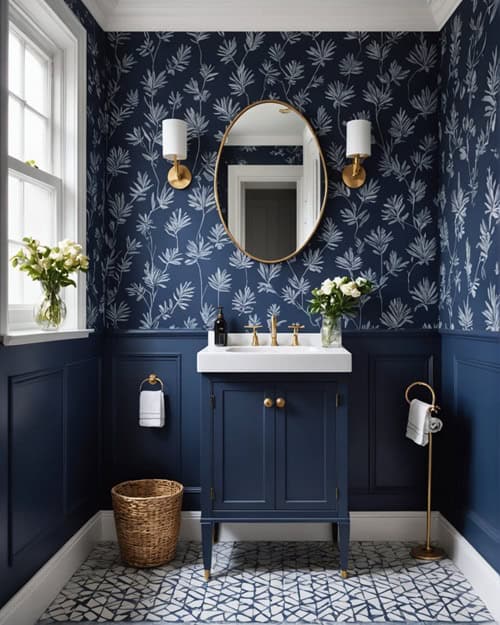 Bathroom with navy blue wallpaper