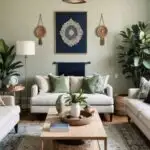 Boho Living room with sage walls, neutral couches and wood coffee table