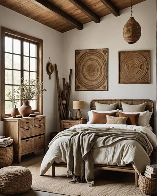 Earthy Bedroom with Rustic and Rattan Furniture Accents