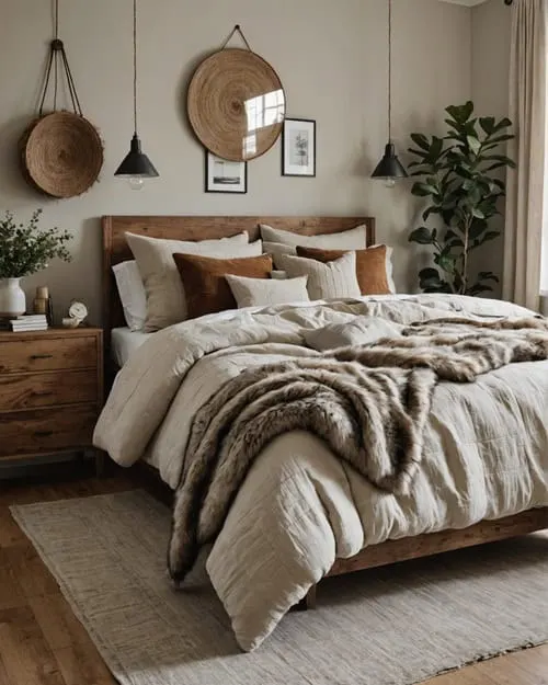 Earthy Bedroom with a mix of faux fur and linen textures