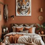 Bedroom with a natural rustic wood bench, animal print accents and terracotta tones