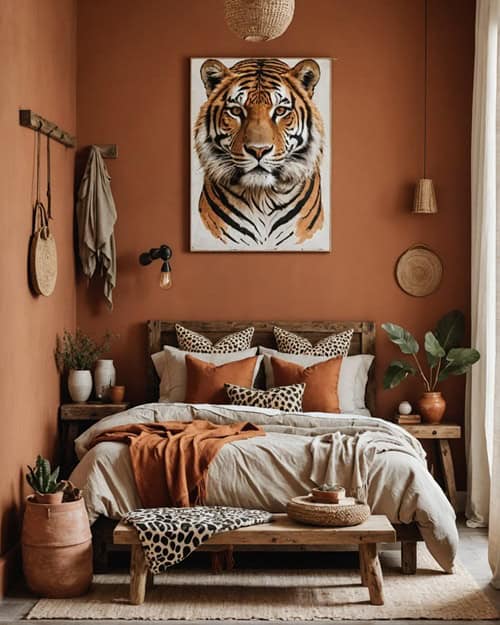 Earthy Bedroom with a natural rustic wood bench, animal print accents and terracotta tones_1