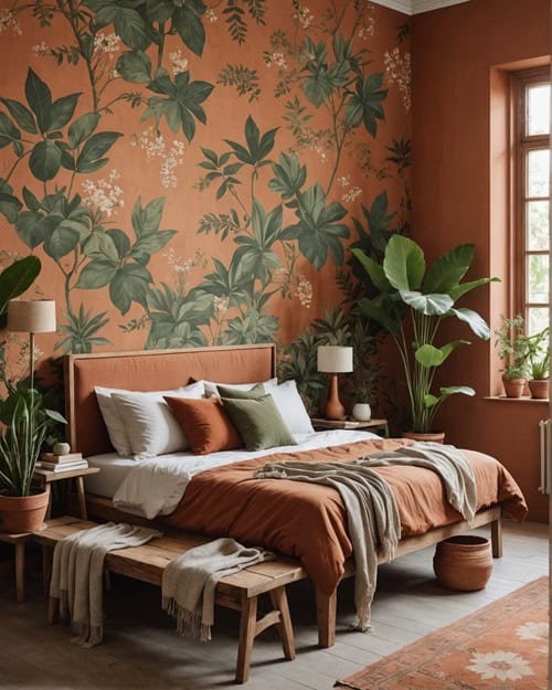 Earthy Bedroom with a natural rustic wood bench, botanical wallpaper and terracotta tones