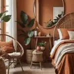 Earthy Bedroom with a rattan chair, oval mirror, and terracotta tones