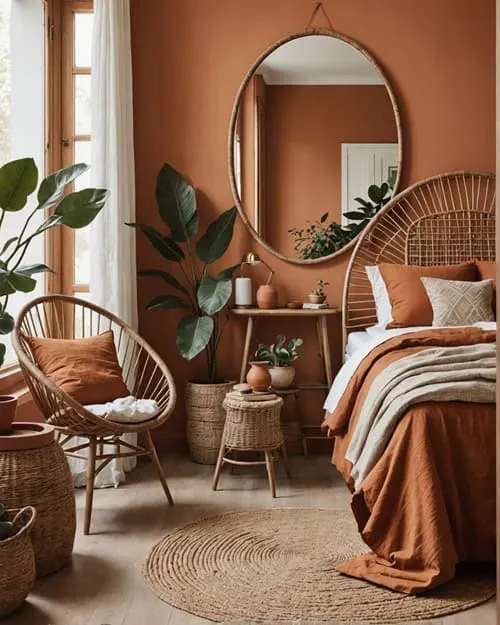 Earthy Bedroom with a rattan chair, oval mirror, and terracotta tone