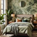 Bedroom with botanical wallpaper in soft greens and earthy browns, and animal print rug and pillow.