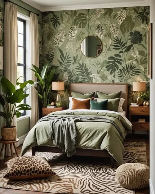 Earthy Bedroom with botanical wallpaper in soft greens and earthy browns, and animal print rug and pillow