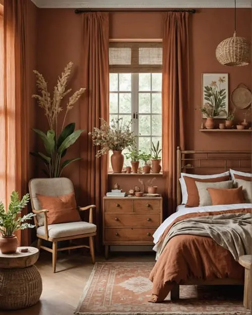 Earthy Bedroom with botanical wallpaper, terracotta tones, wood furniture, dried florals, and linen curtains