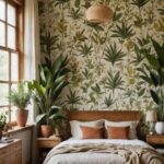 Bedroom with botanical wallpaper, wood furniture, dried florals, and linen curtains.