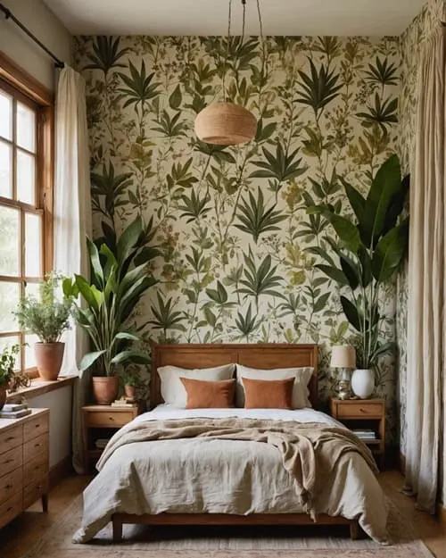 Earthy Bedroom with botanical wallpaper, wood furniture, dried florals, and linen curtains