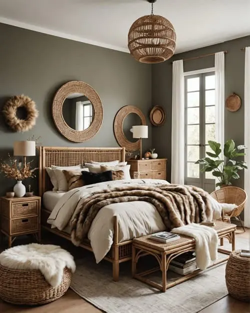 Earthy Bedroom with, faux fur accents, rattan furniture and faux fur accents and rattan furniture