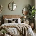 Bedroom with green walls, faux fur accents and rattan furniture