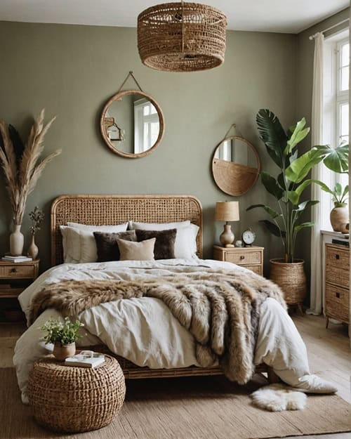 Earthy Bedroom with green walls, faux fur accents and rattan furniture