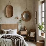 Bedroom with limewashed walls, faux fur accent and rattan furniture.