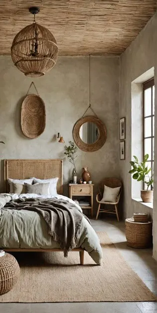 Earthy Bedroom with limewashed walls, faux fur accent and rattan furniture