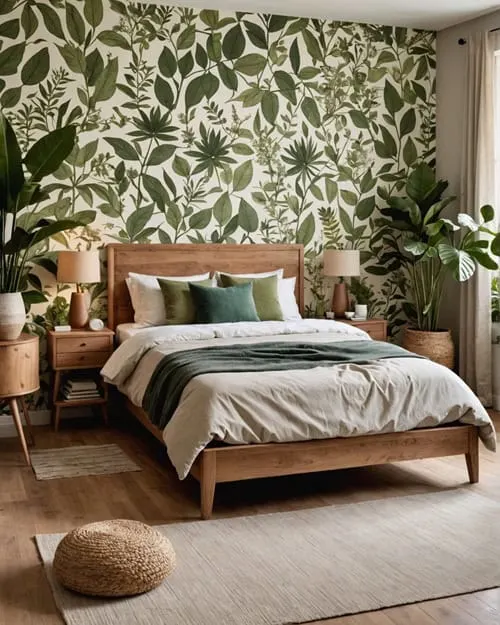 Earthy Bedroom with natural wood furniture and Botanical Wallpaper