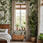 Earthy Bedroom with natural wood furniture, botanical wallpaper, linen curtains.