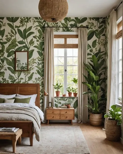 Earthy Bedroom with natural wood furniture, botanical wallpaper, linen curtains