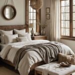 Pinterest graphic of a bedroom with earthy details