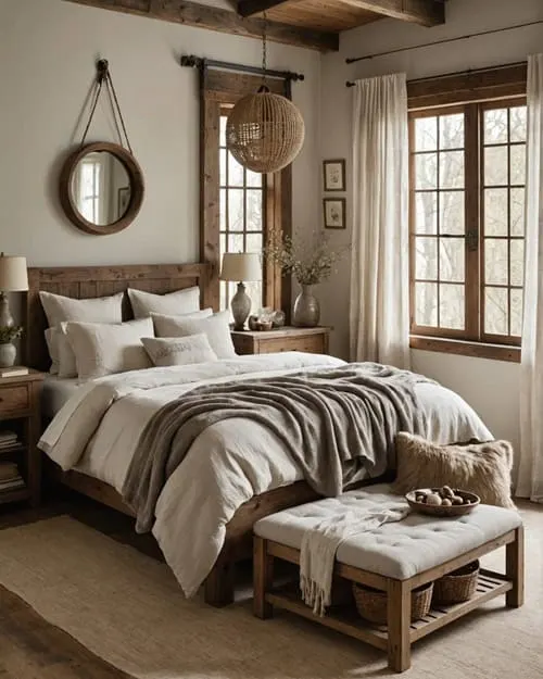 Earthy Bedroom with rustic wood furniture and delicate linen curtains and faux fur accents