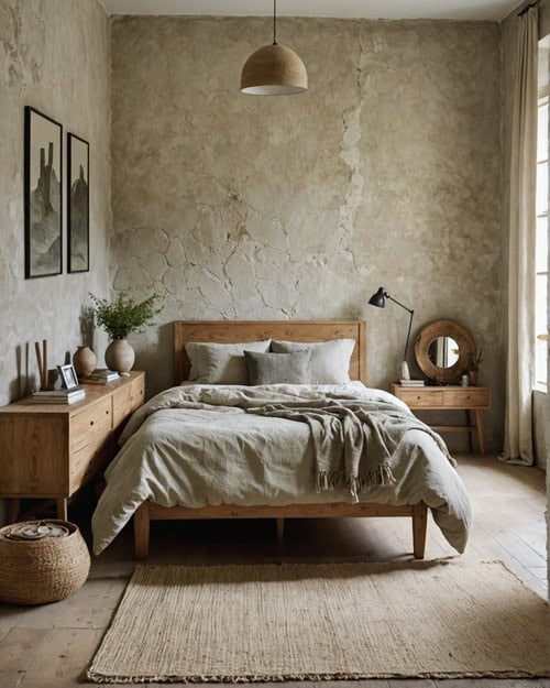 Earthy Bedroom with textured limewashed walls, natural wood furniture