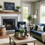 Farmhouse Living room with sage green walls, wood coffee table, and fireplace