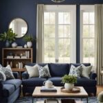 Living room with navy blue walls and couch and sage curtains