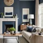 Living room with navy blue walls, neutral couch and fireplace