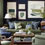 Living room with navy walls, wood coffee table, and green couch