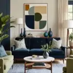 Living room with sage green couch, navy blue couch and neutral curtains