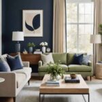 Living room with sage green couch, navy blue walls and neutral curtains