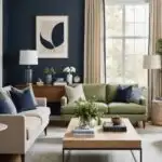 Living room with sage green couch, navy blue walls and neutral curtains