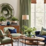 Living room with sage green curtains and chairs and navy blue couch