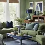 Living room with sage green walls and chairs and navy blue pillows and rug