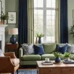 Living room with sage green walls, wood coffee table, and sage and navy curtains