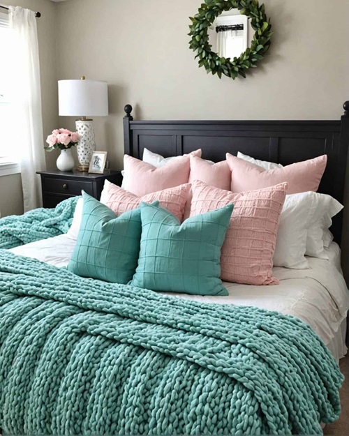 Bedroom with aqua buffalo check pillows and a pink DIY arm knit blanket