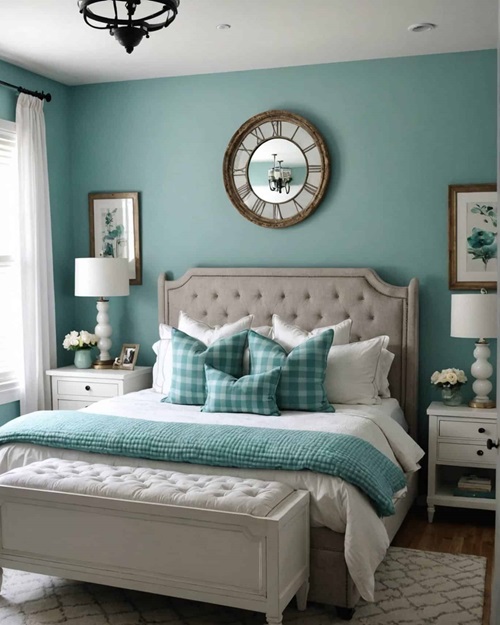 Romantic Master Bedroom with aqua buffalo check pillows