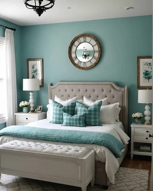 Romantic Master Bedroom with aqua buffalo check pillows