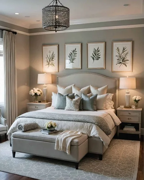 Romantic Master Bedroom with pillows in soft colors and gentle patterns