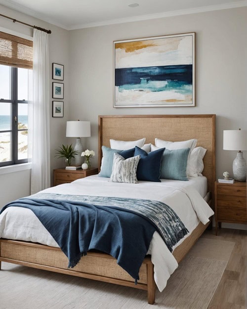 a beach style bedroom with abstract art