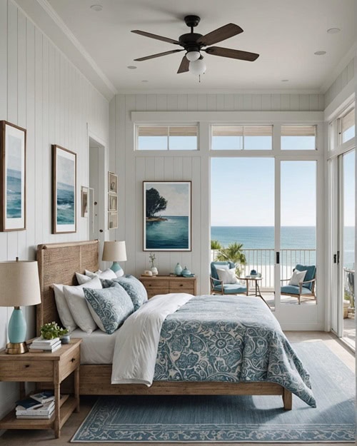 a coastal style bedroom with a bed that has a balcony