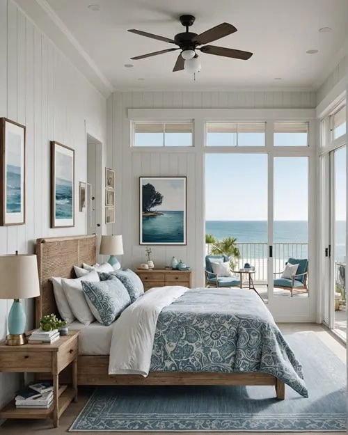 a coastal style bedroom with a bed that has a balcony