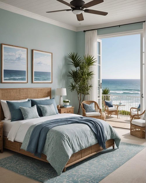 a coastal style bedroom that has a balcony